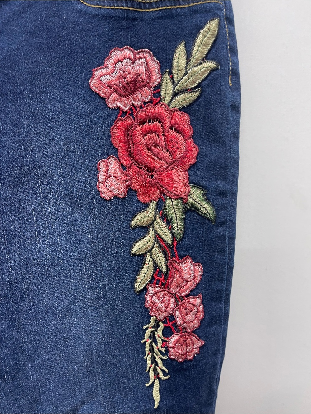 Chico's Blue Cropped Jeans with Pink Rose Embroidery - Picture 3 of 6